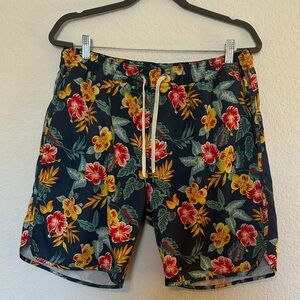 Fair Harbor Navy Swim Shorts with Red & Yellow Floral Print